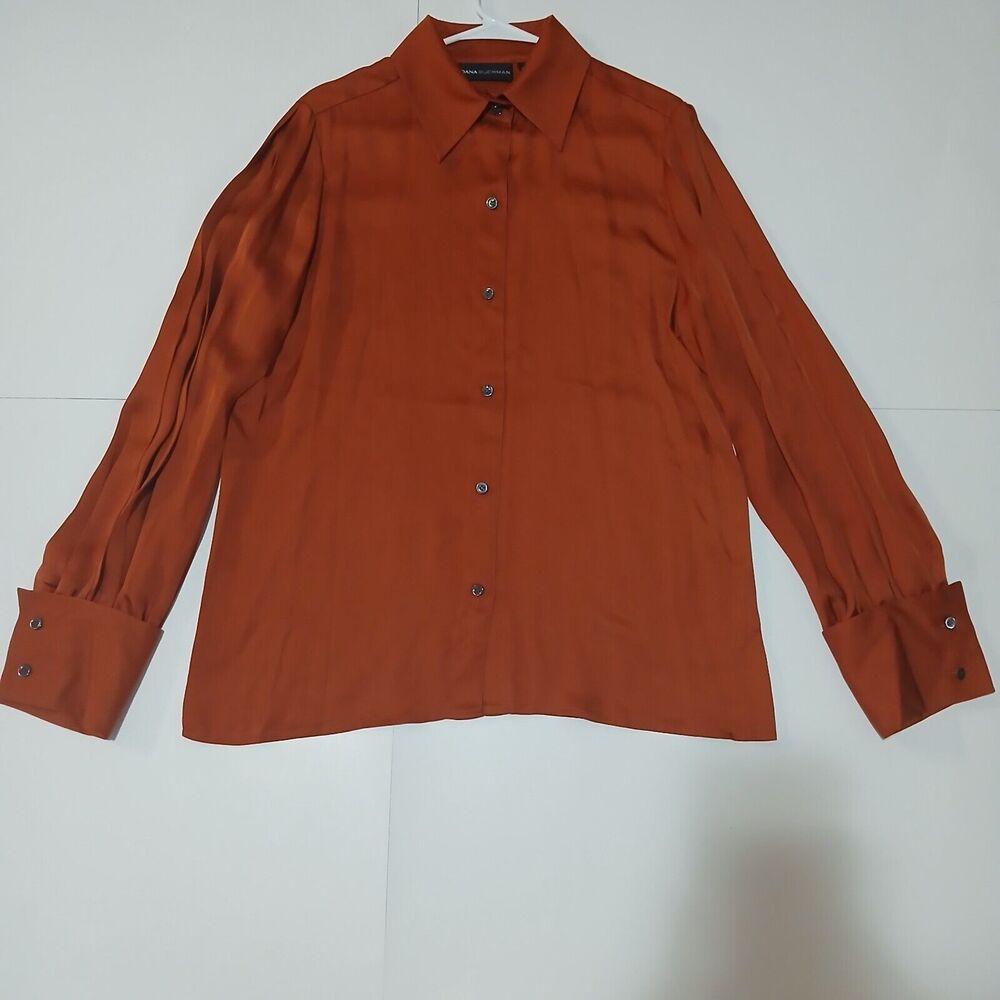 Dana Buchman Silk blouse Womens Size 10 Petit Color Brown Elegant Long Slevee